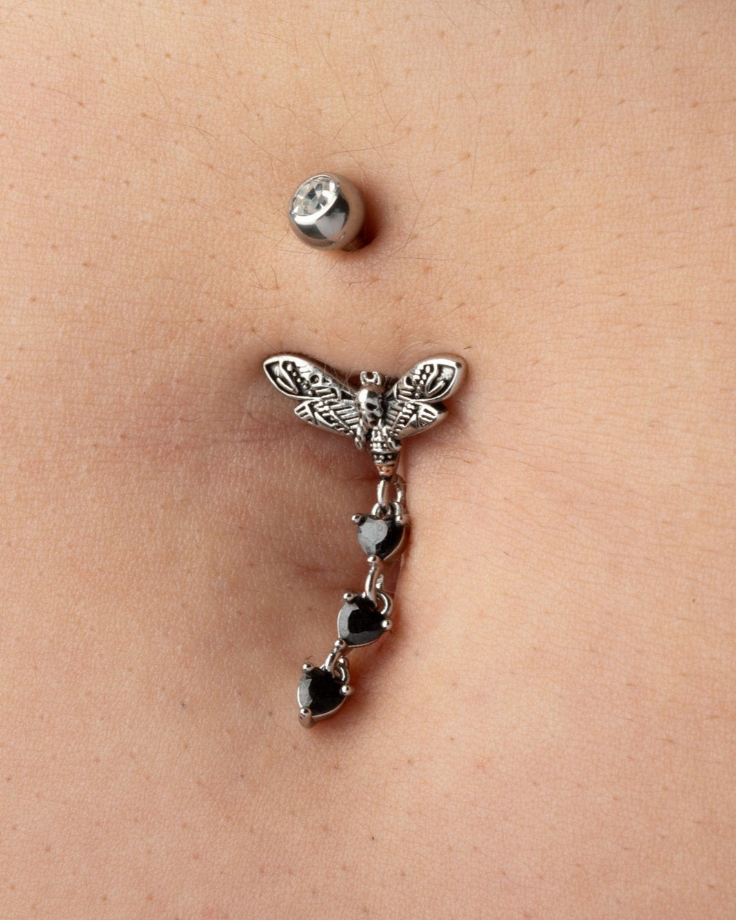 Death Moth Skull Triple Dangling CZ Crystal Heart Belly Button Ring - 316L Stainless Steel