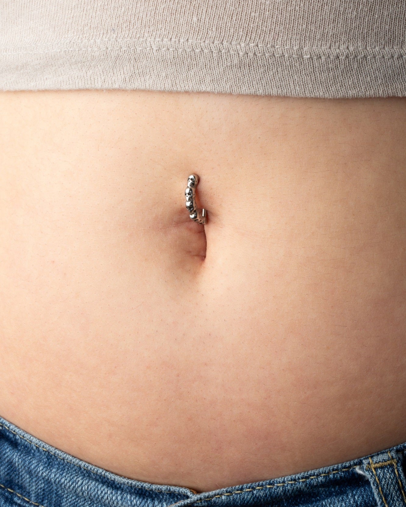 Skull Lined Hinged Curved Bar Clicker Belly Button Ring - 316L Stainless Steel