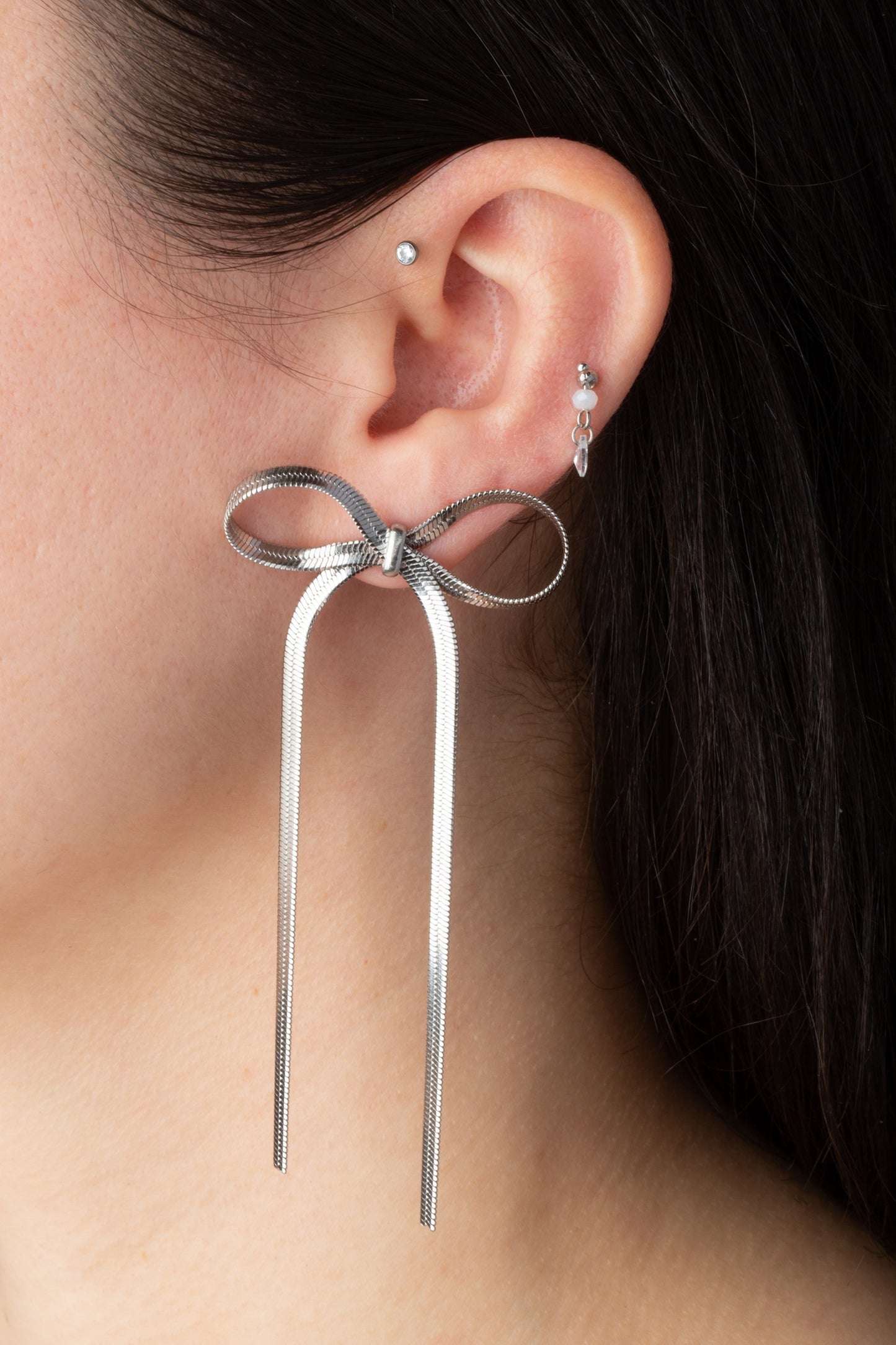 Long Bow Earrings - Pair - Stainless Steel