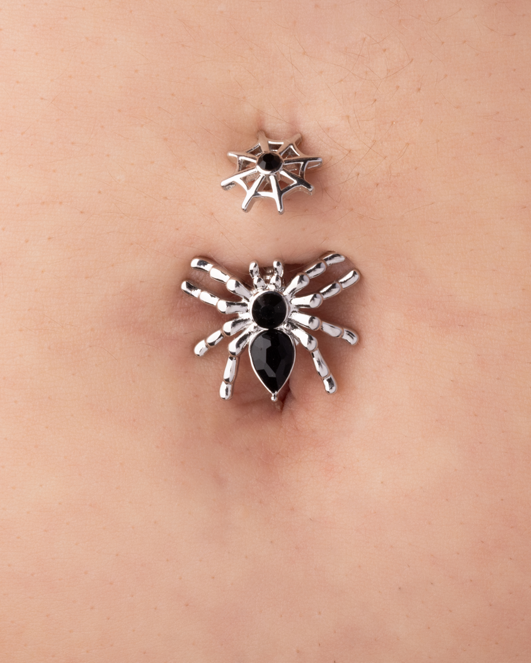 Black CZ Crystal Bodied Spider with Fixed Web Top Belly Button Ring - 316L Stainless Steel
