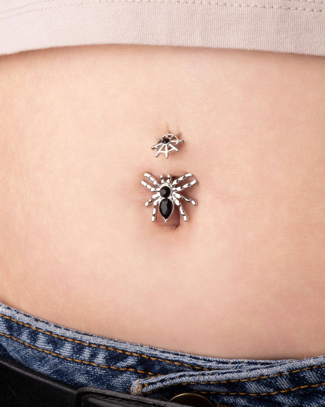 Black CZ Crystal Bodied Spider with Fixed Web Top Belly Button Ring - 316L Stainless Steel