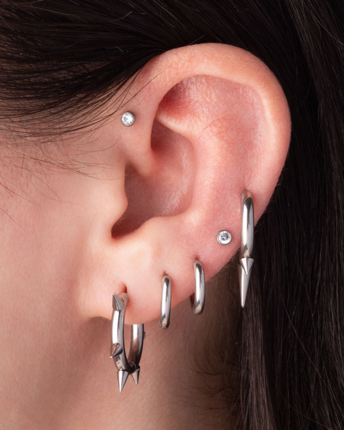 Triple Spike Huggie Hoop Earrings - Pair - Stainless Steel