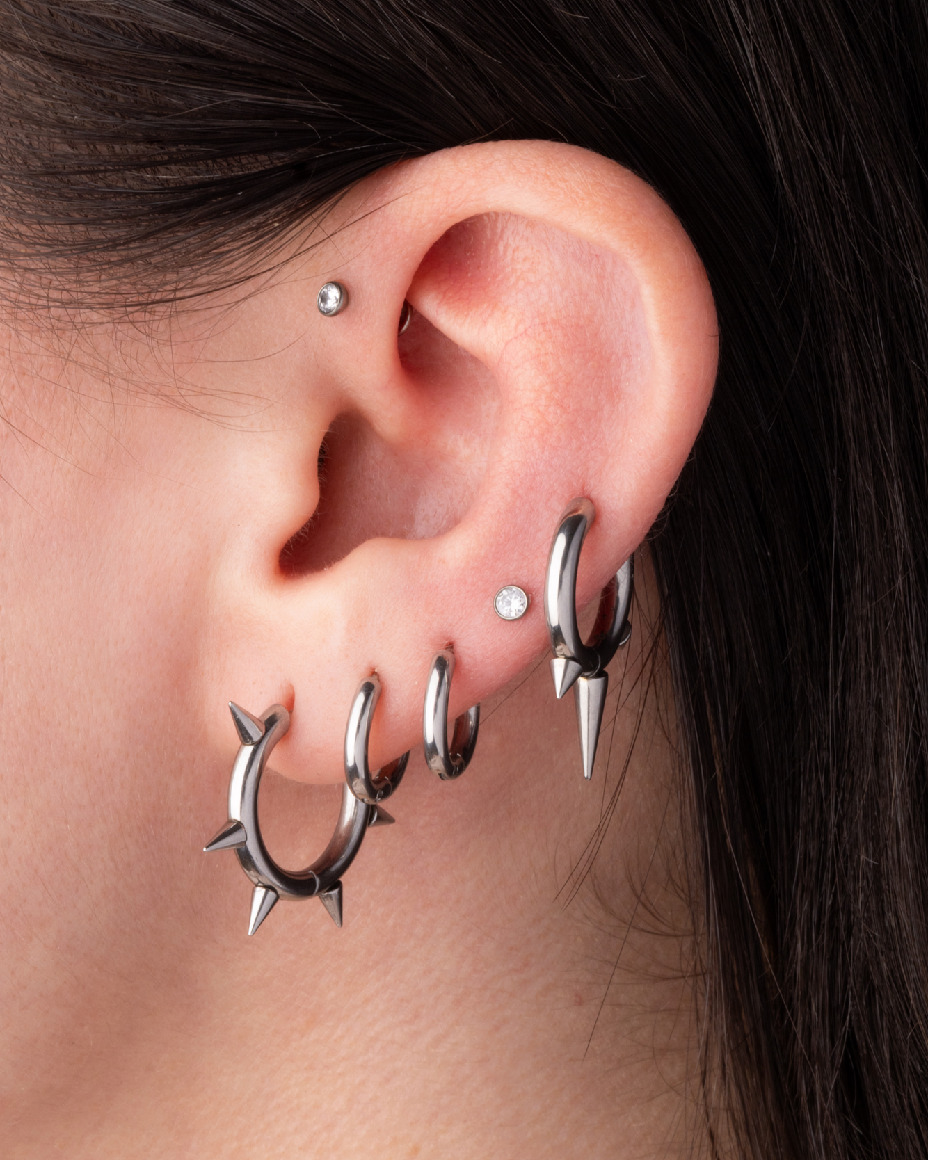 Triple Spike Huggie Hoop Earrings - Pair - Stainless Steel