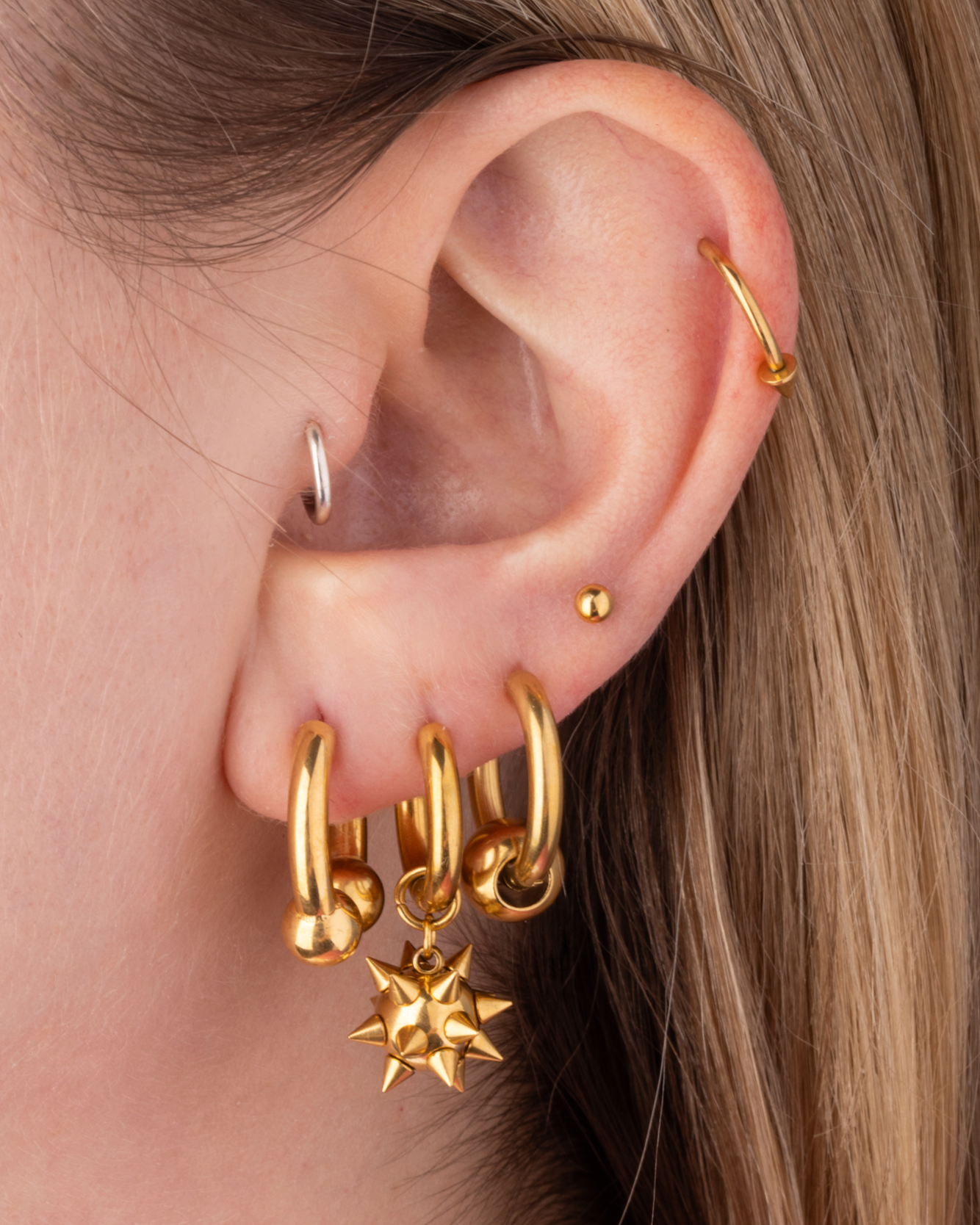 Spiked Ball Dangling Huggie Hoop Earrings - Pair - 316L Stainless Steel