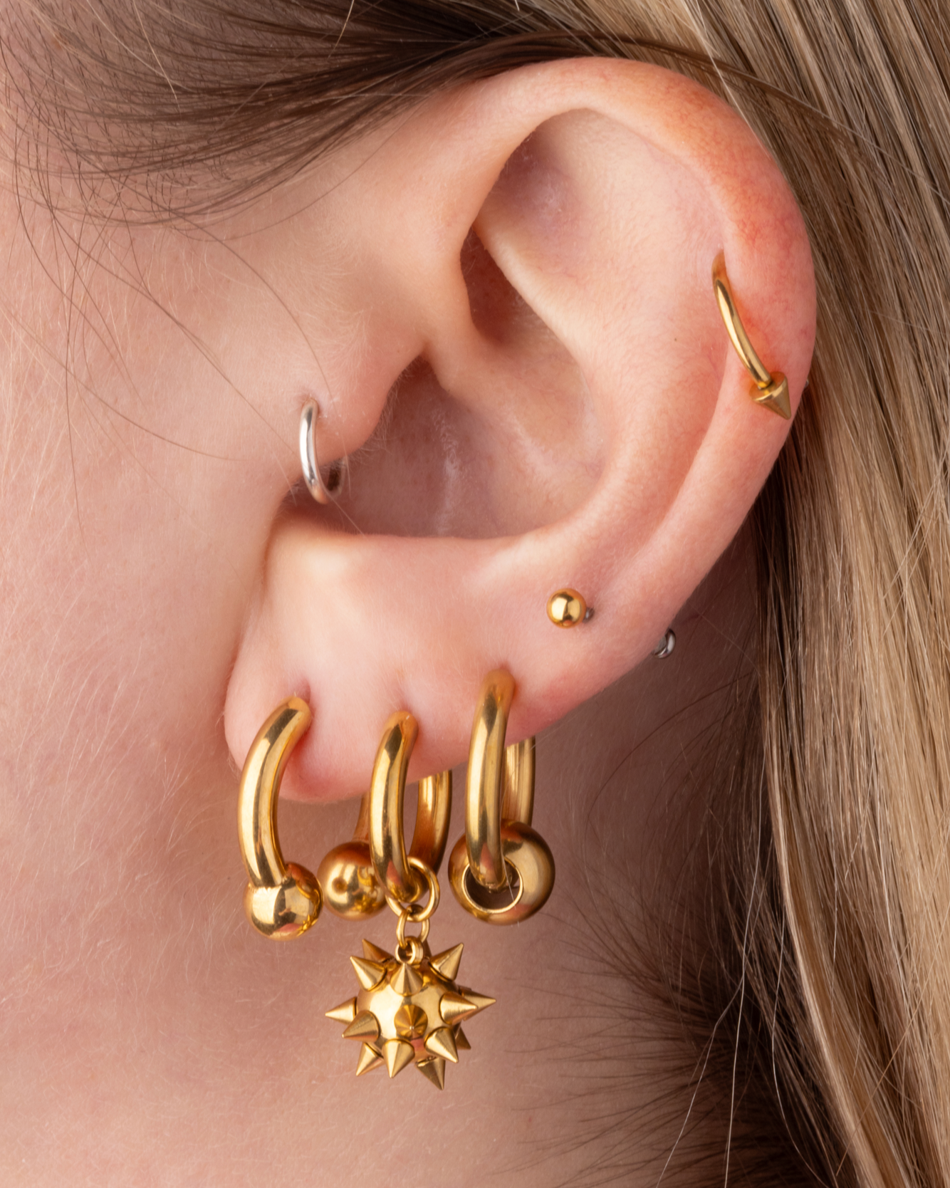 Spiked Ball Dangling Huggie Hoop Earrings - Pair - 316L Stainless Steel