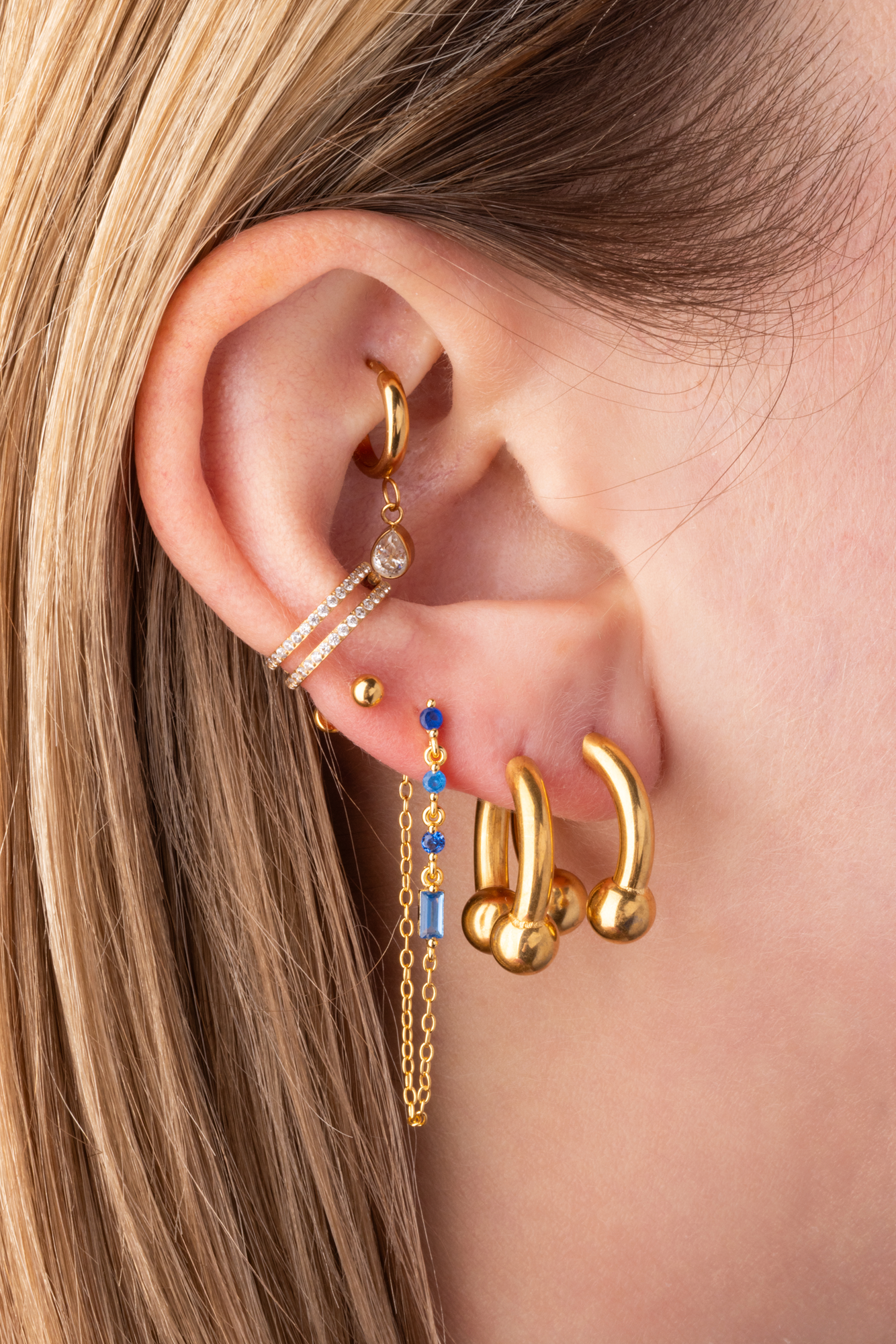 Blue Zircon Crystal Stud Earrings with Connecting Chain - Gold Plated 925 Sterling Silver