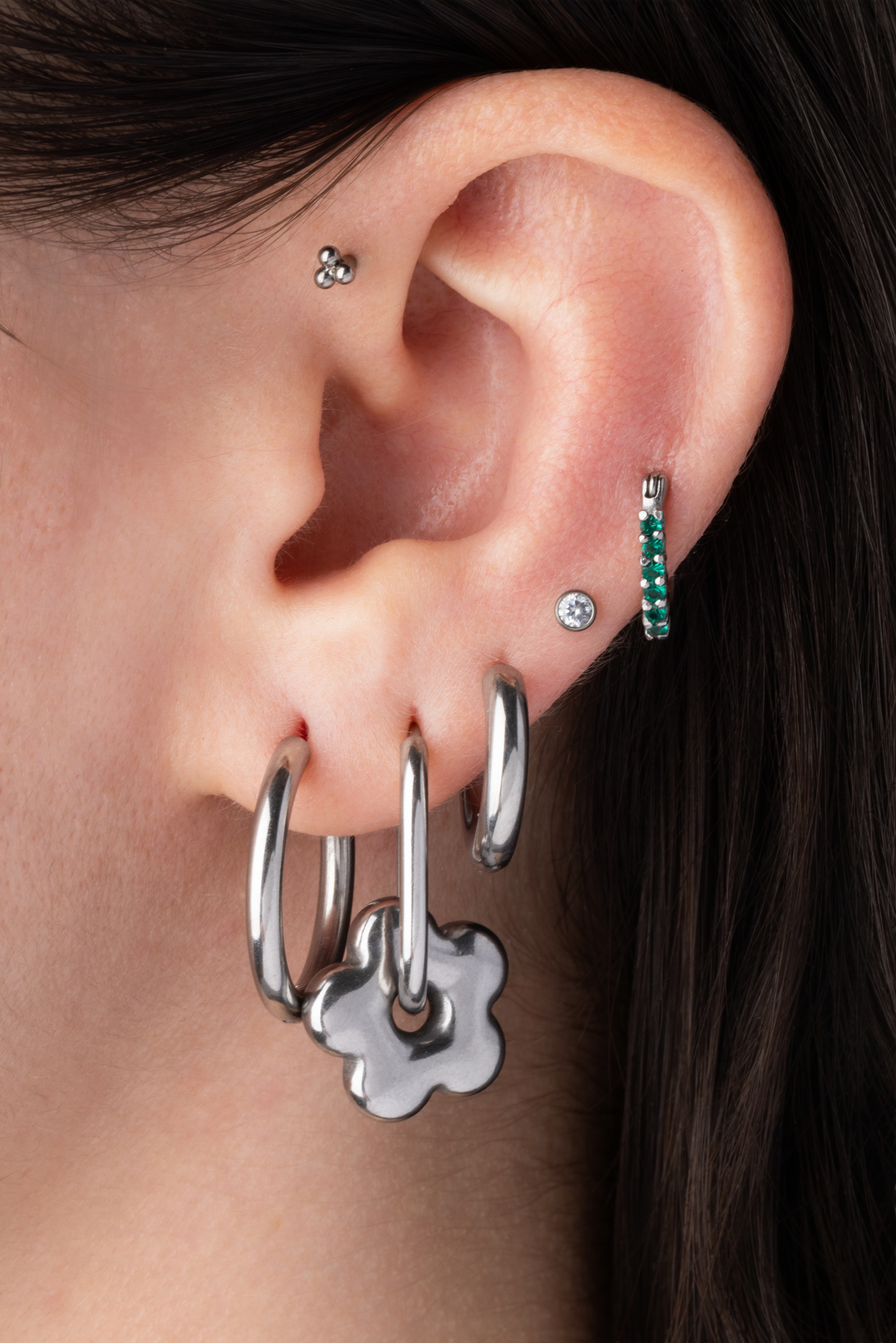 Puffy Flower Oblong Huggie Hoop Earrings - Pair - Stainless Steel