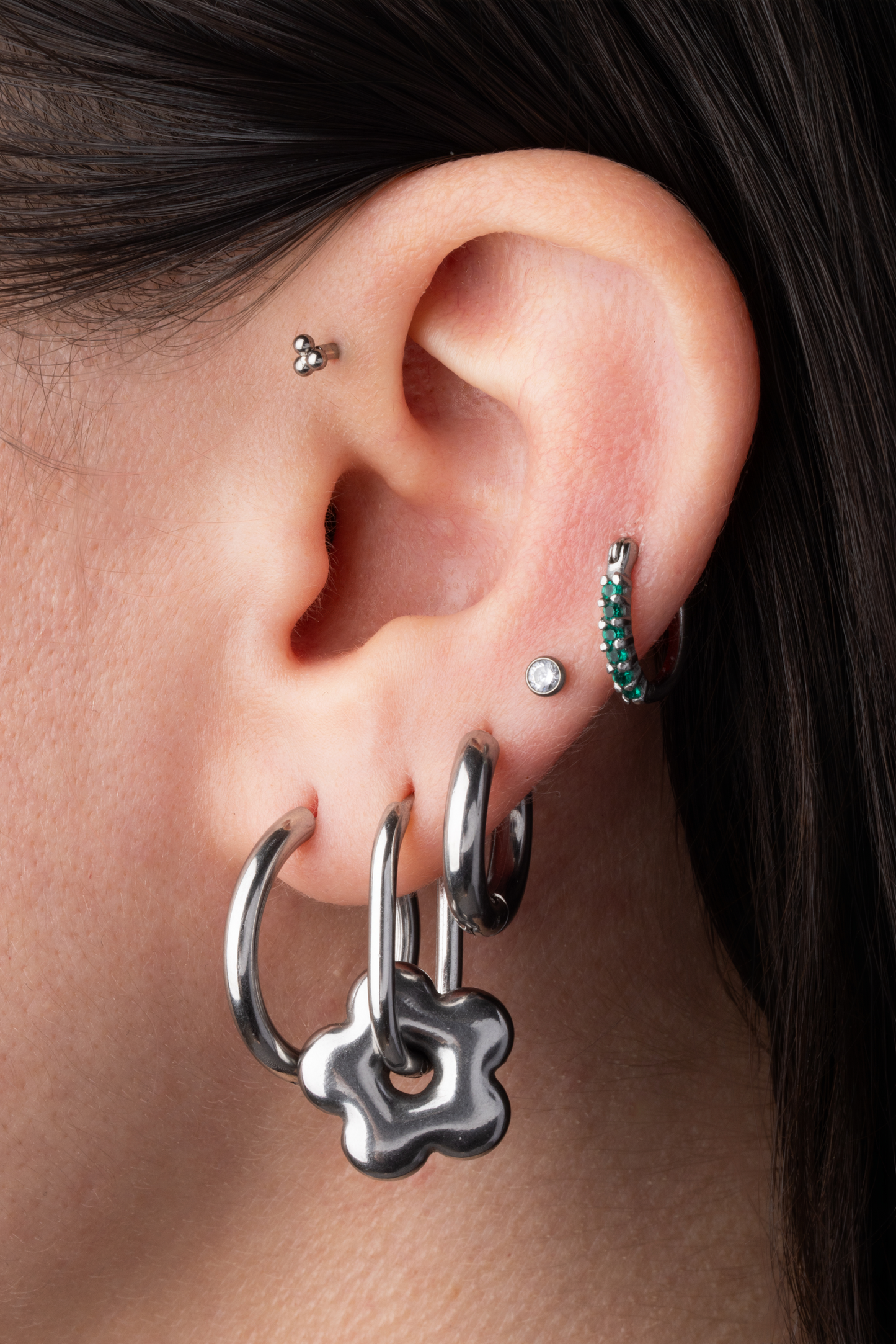 Puffy Flower Oblong Huggie Hoop Earrings - Pair - Stainless Steel