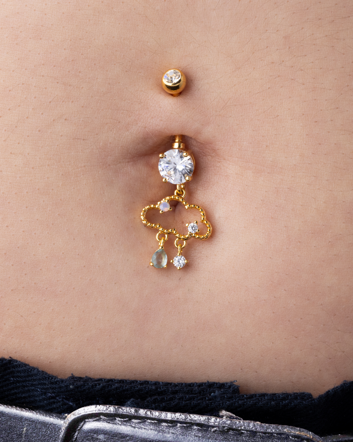 CZ Crystal Rain Cloud Dangling Belly Button Ring - Stainless Steel