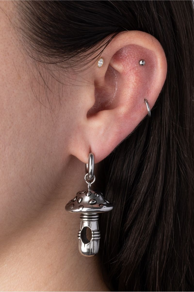 Heavy Mushroom Dangling Hoop Earrings - Pair - 316L Stainless Steel