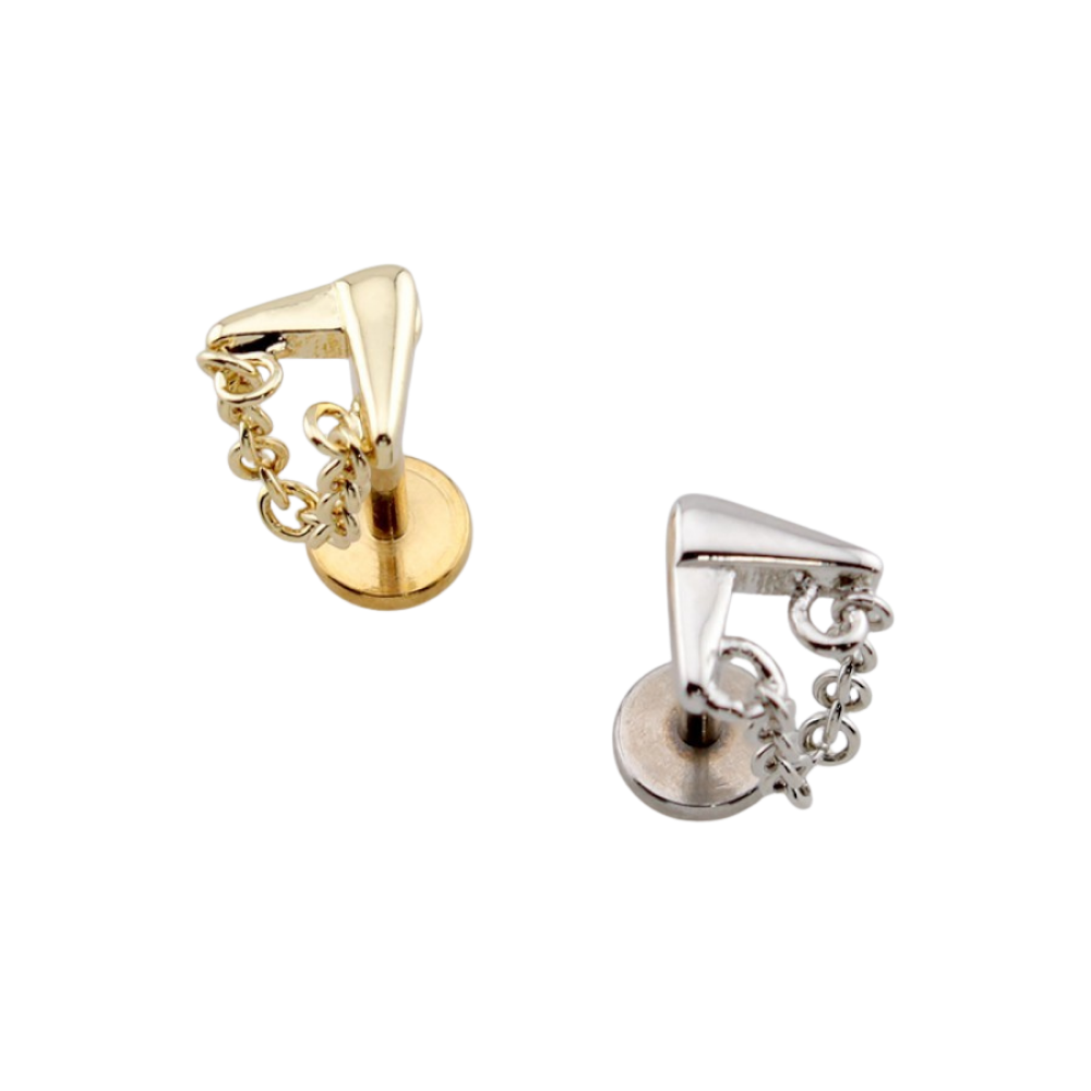 Threadless Push In Chevron with Dangling Chain Flat Back Stud - 316L Stainless Steel