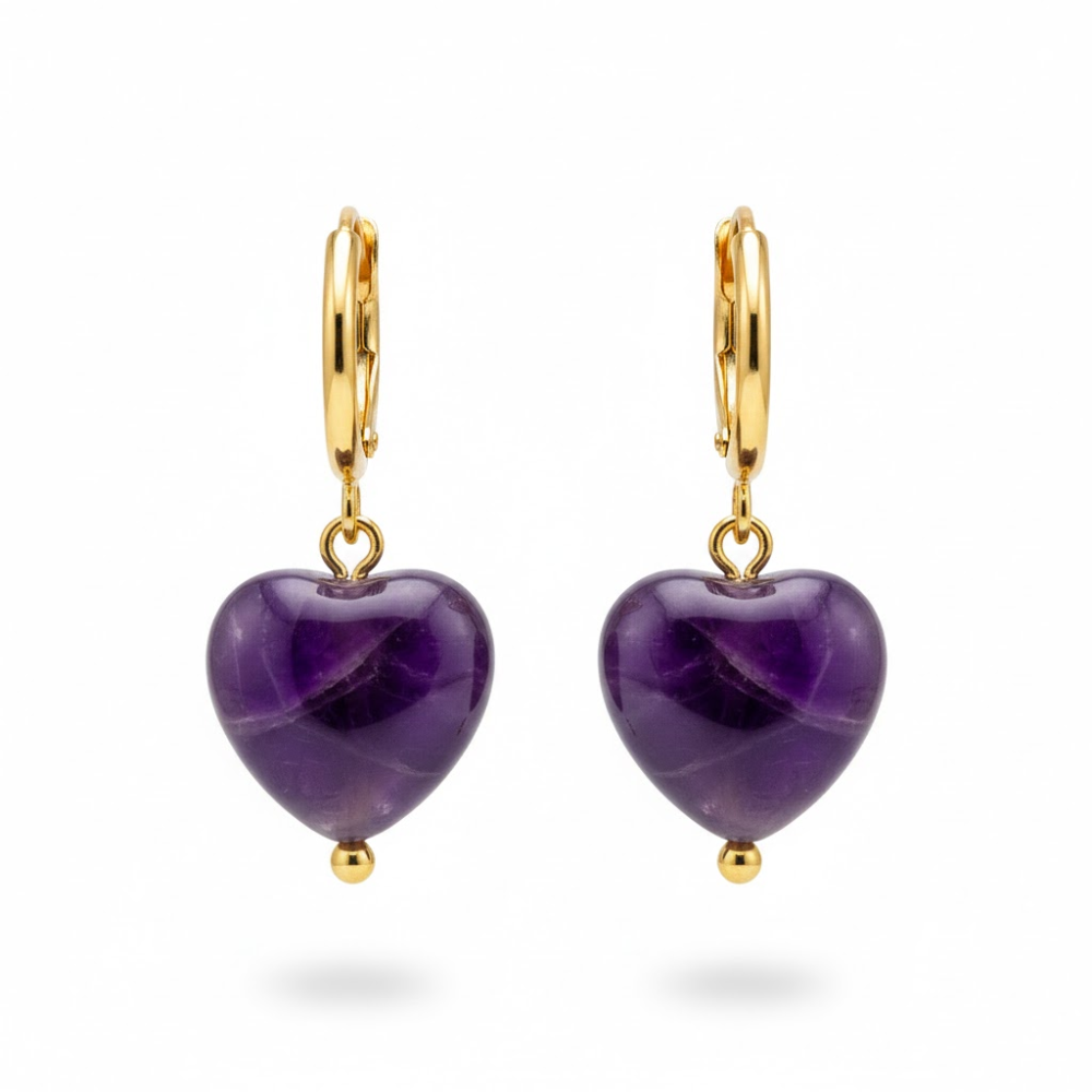 Dangling Natural Stone Heart Hoop Earrings - Pair - Stainless Steel