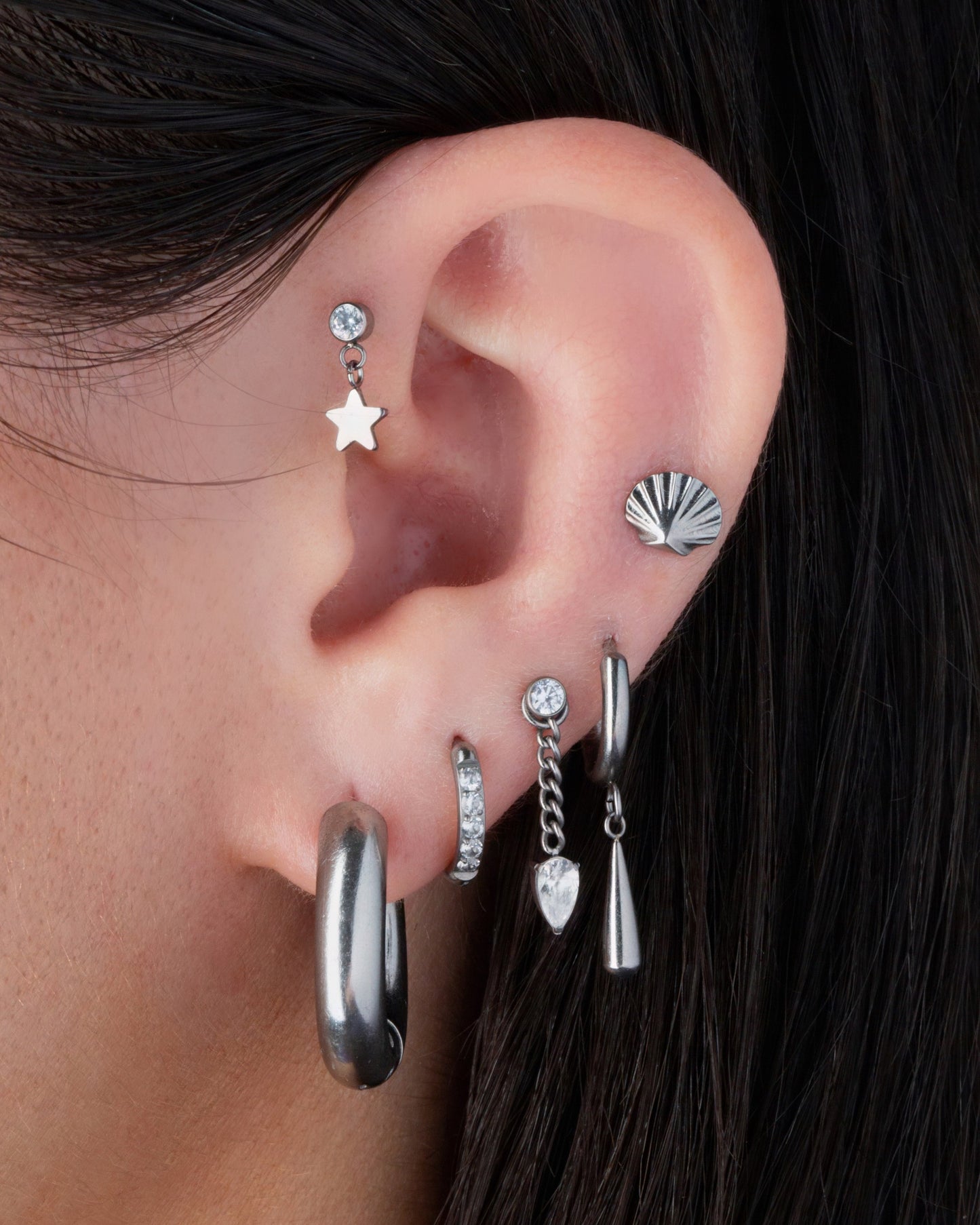 Threadless Push-In CZ Crystal with Dangling Star Flat Back Stud - ASTM F-136 Implant Grade Titanium