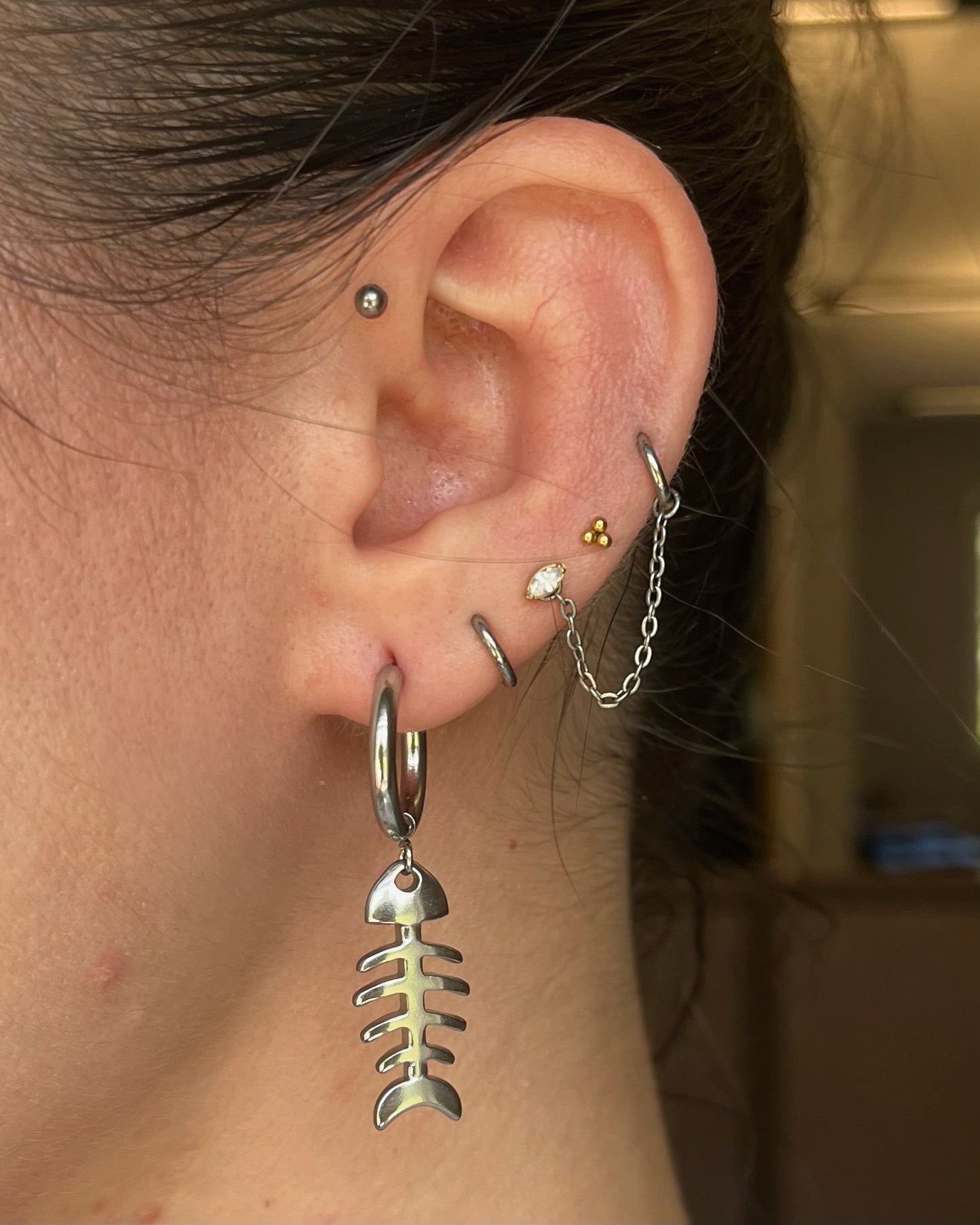 Fishbone Dangling Huggie Hoop Earrings - Pair - Stainless Steel