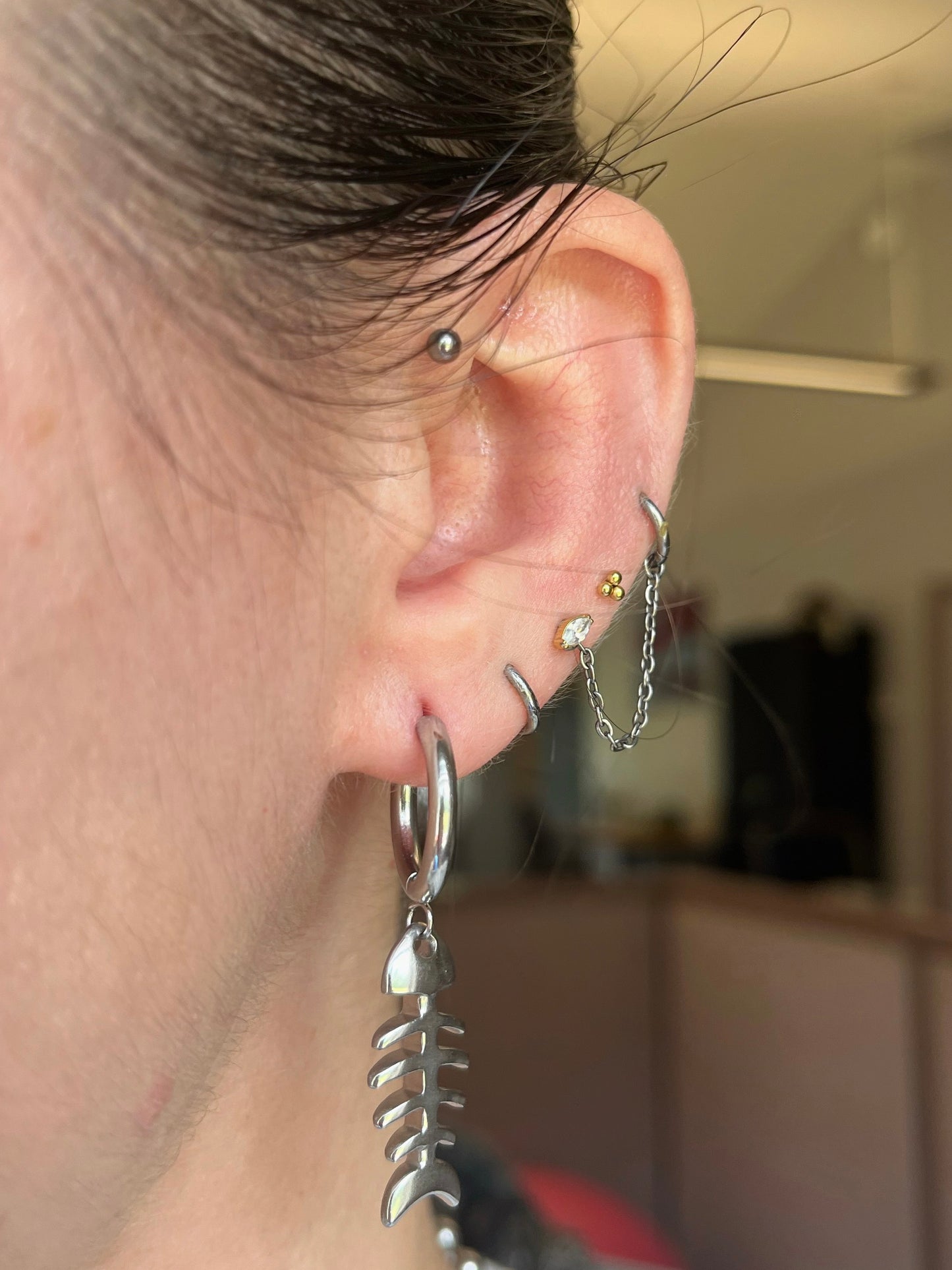 Fishbone Dangling Huggie Hoop Earrings - Pair - Stainless Steel
