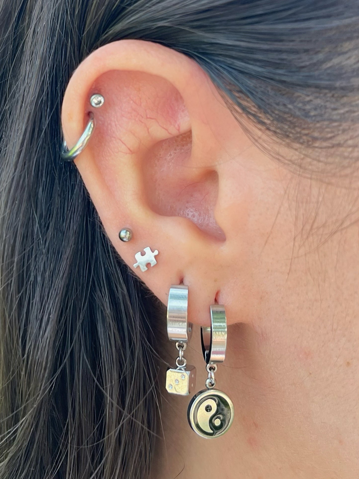 Yin Yang Dangling Huggie Hoop Earrings - Pair - 316L Stainless Steel