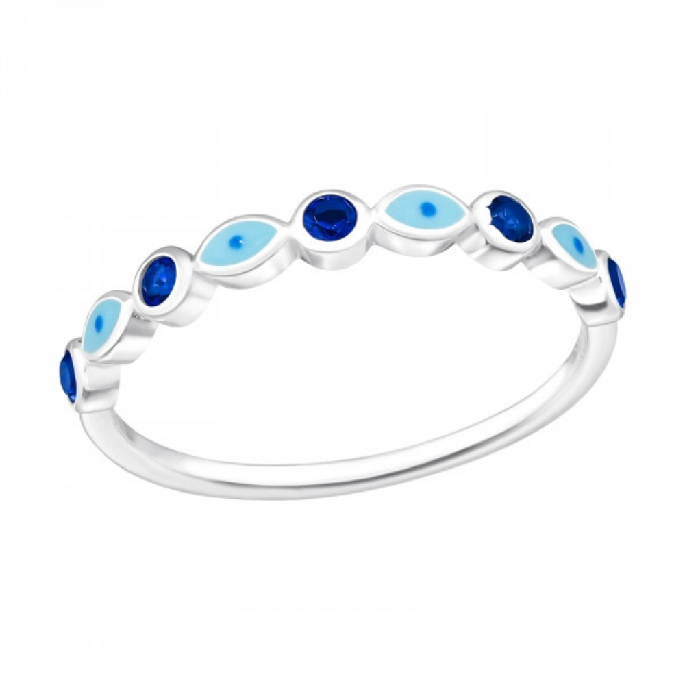 Blue CZ Crystal and Evil Eye Lined Ring - 925 Sterling Silver