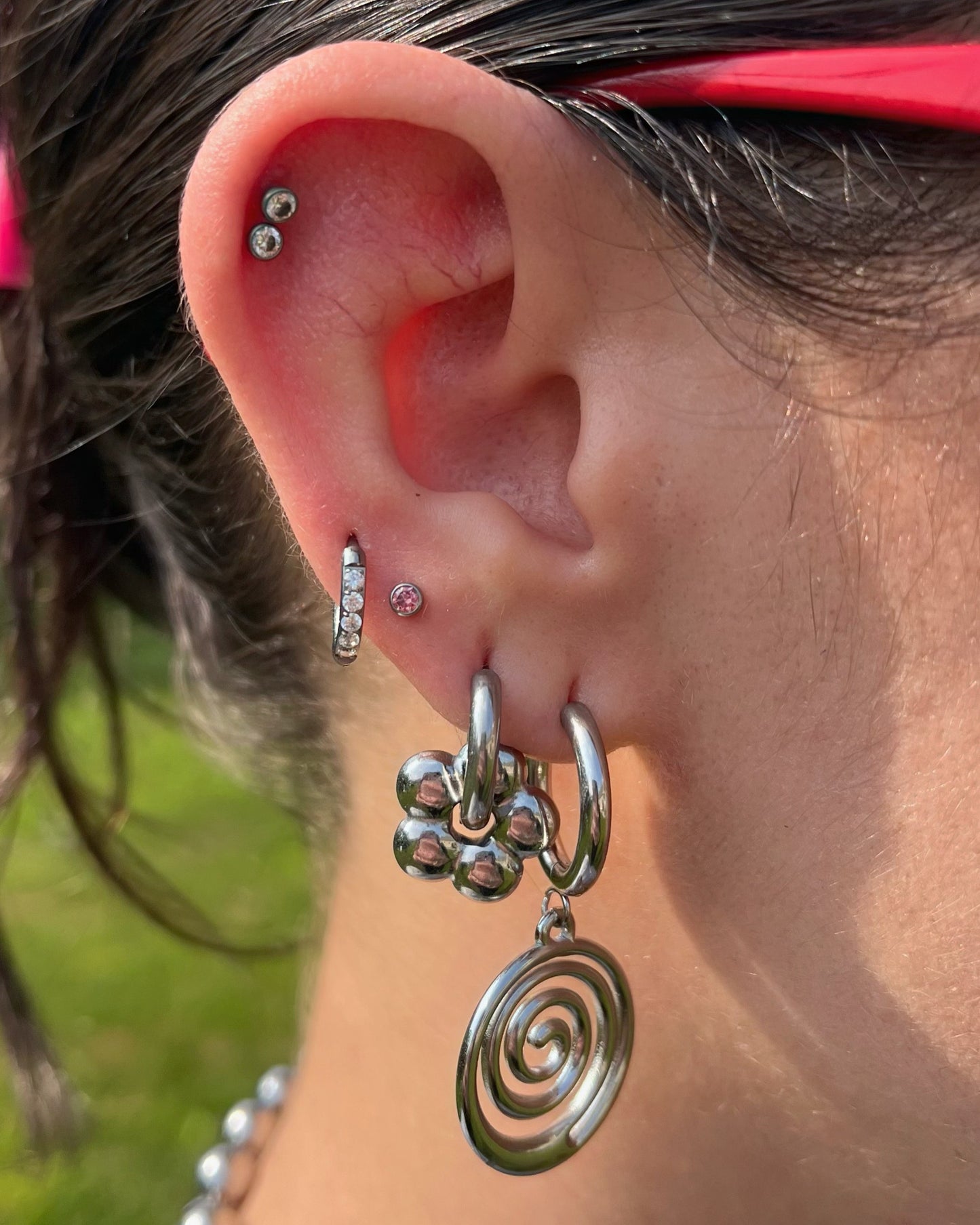 Puffy Flower Huggie Hoop Earrings - Pair - Stainless Steel