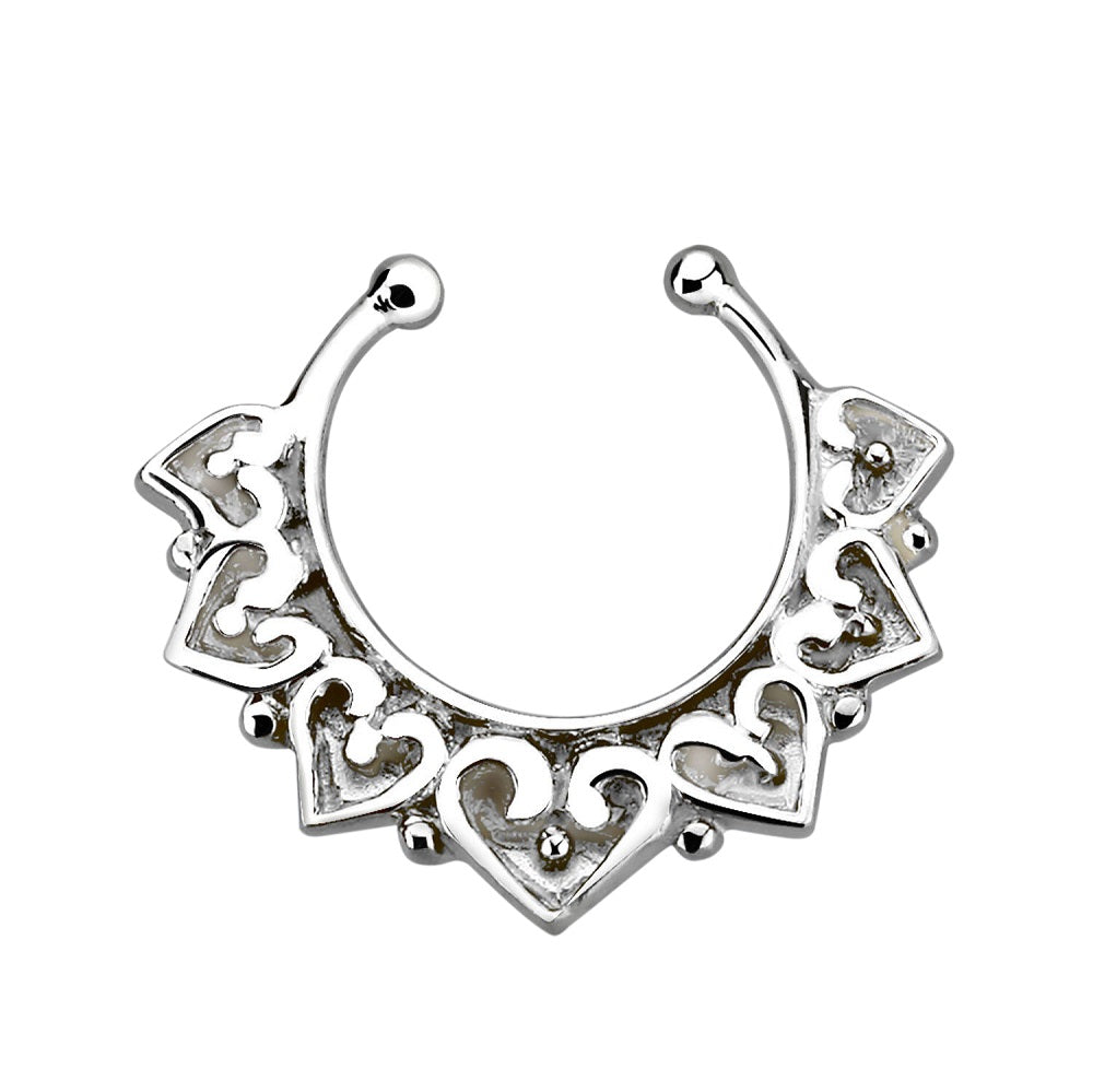 Engraved Tribal Heart Design Clip On Non-Piercing Septum Ring - Sterling Silver