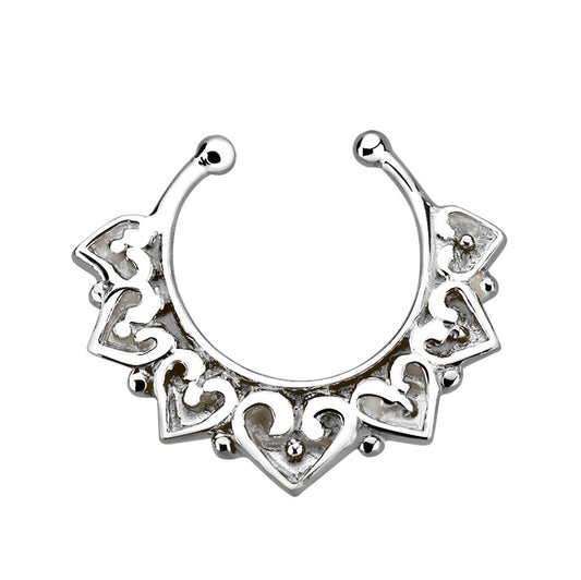 Engraved Tribal Heart Design Clip On Non-Piercing Septum Ring - Sterling Silver