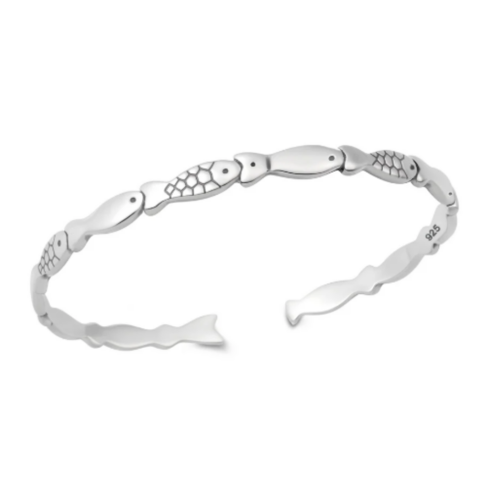 Fish Lined Cuff Bracelet - 925 Sterling Silver
