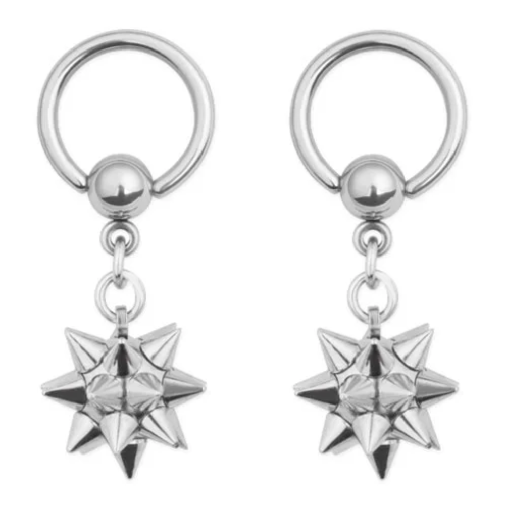 Dangling Spike Ball Captive Bead Nipple Rings - Pair - 316L Stainless Steel