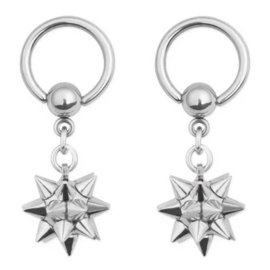 Dangling Spike Ball Captive Bead Nipple Rings - Pair - 316L Stainless Steel