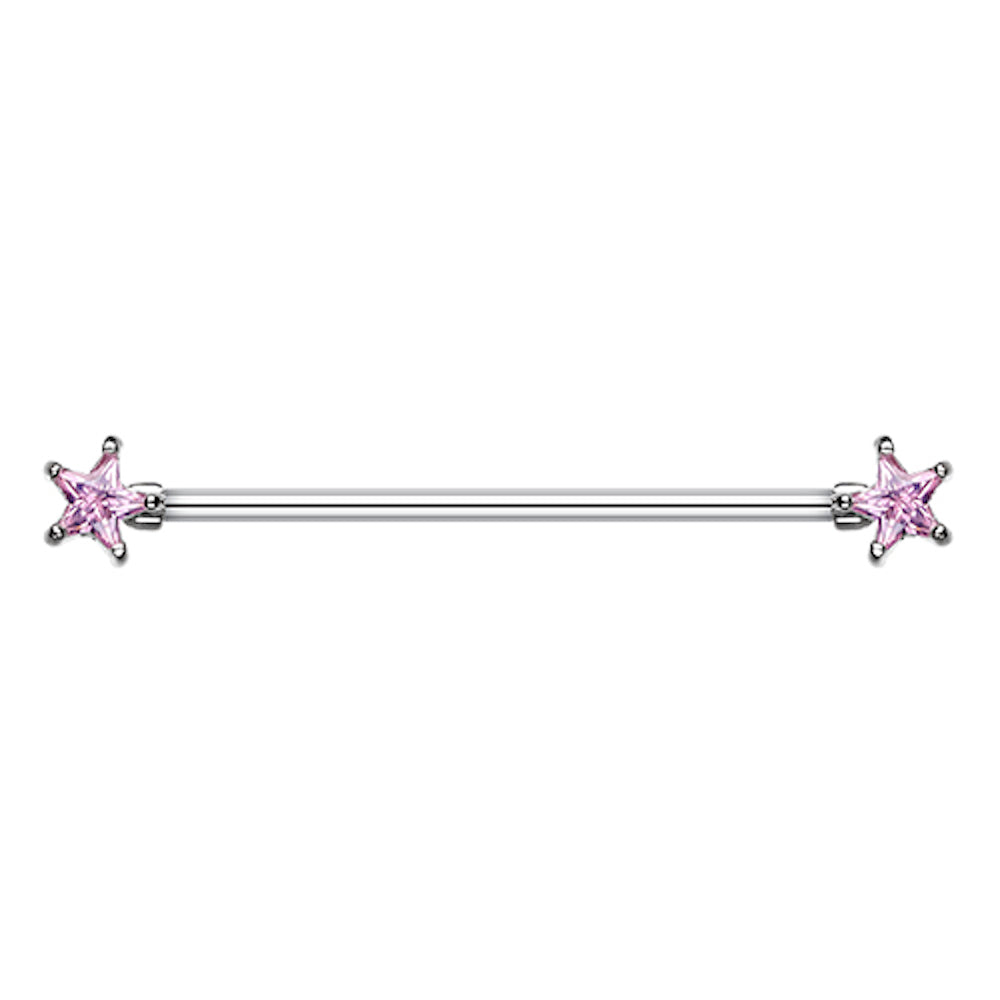 CZ Crystal Star Ends Industrial Barbell - 316L Stainless Steel