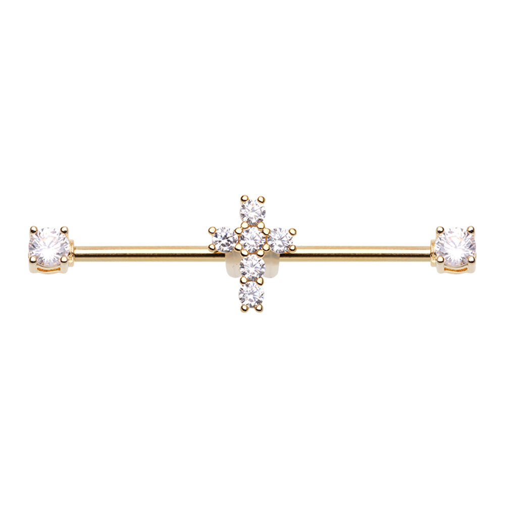 CZ Crystal Cross Industrial Barbell - Stainless Steel