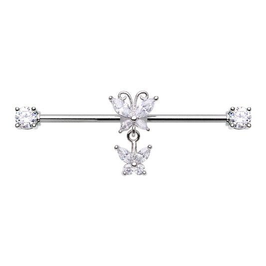 CZ Crystal Dangling Butterfly Industrial Barbell - Stainless Steel