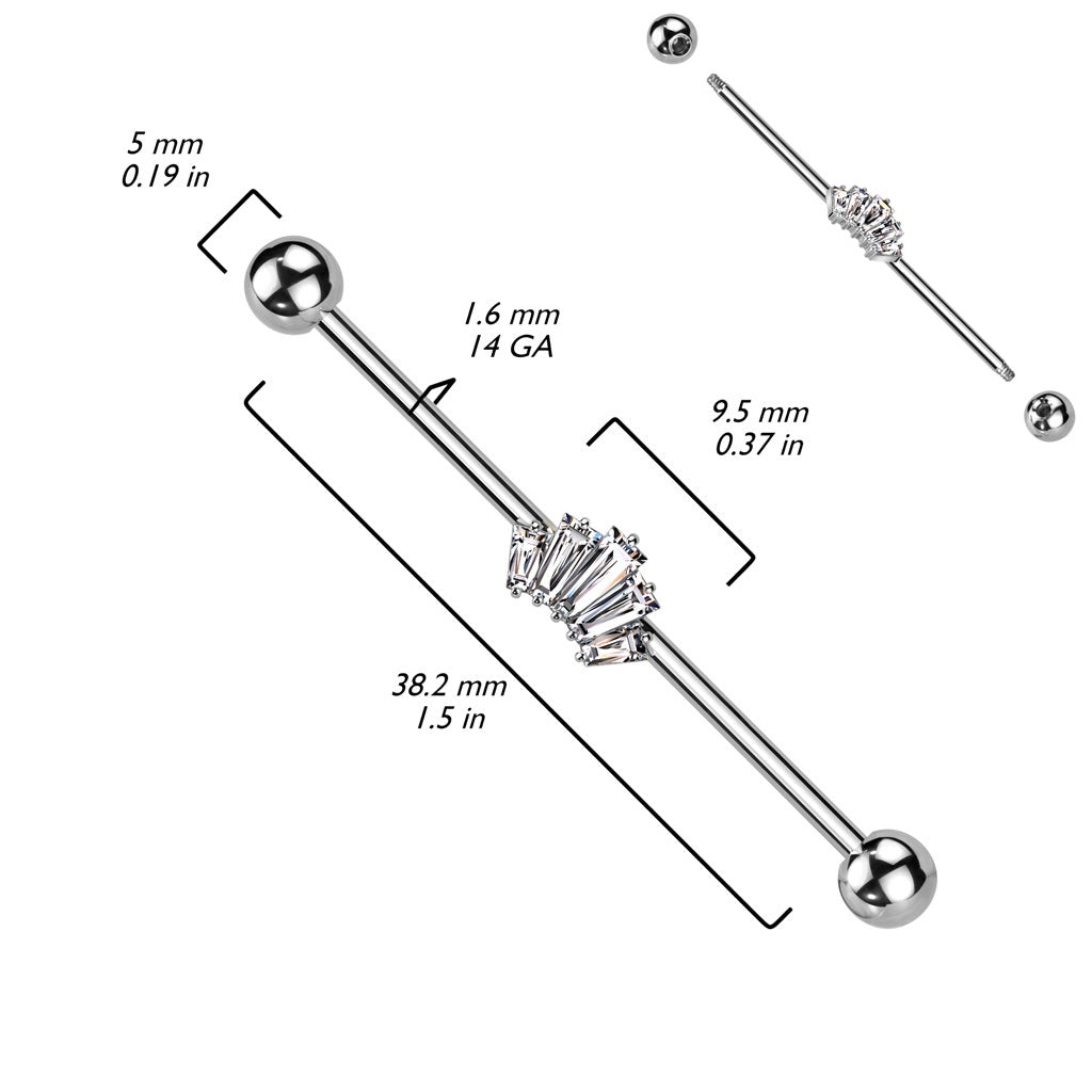CZ Crystal Baguette Crown Industrial Barbell - 316L Stainless Steel