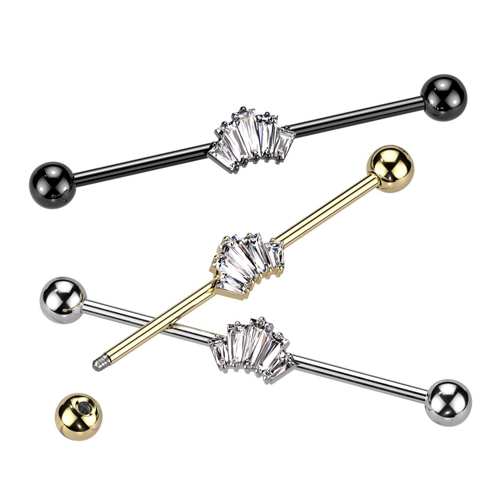 CZ Crystal Baguette Crown Industrial Barbell - 316L Stainless Steel