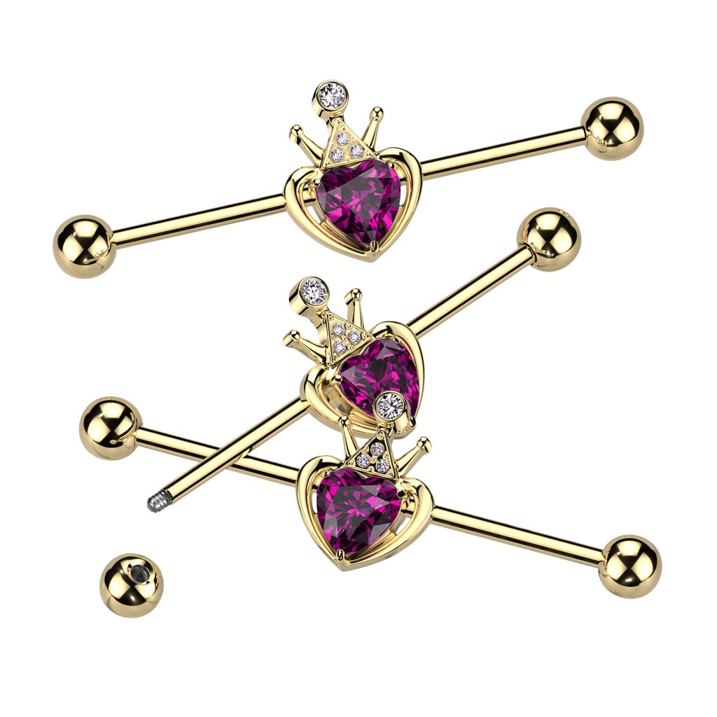 Crown with Pink Gem Heart Industrial Barbell - Gold PVD 316L Stainless Steel