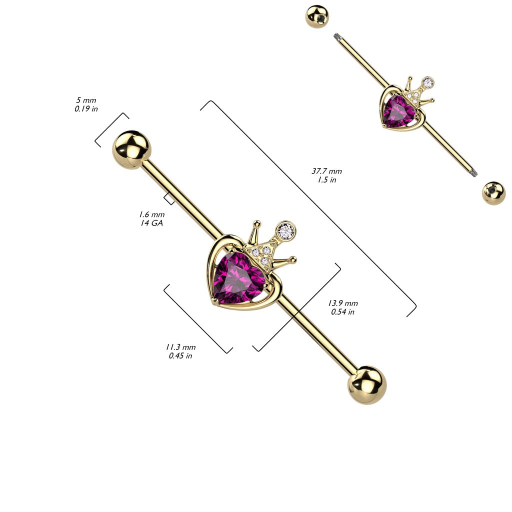 Crown with Pink Gem Heart Industrial Barbell - Gold PVD 316L Stainless Steel
