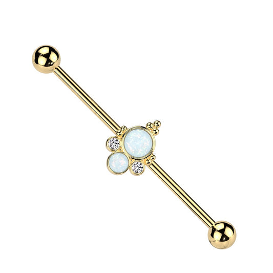 Double Opalite with CZ Crystals Center Industrial Barbell - 316L Stainless Steel