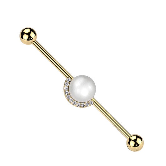 Synthetic Pearl Center with Half CZ Crystal Edge Industrial Barbell - 316L Stainless Steel