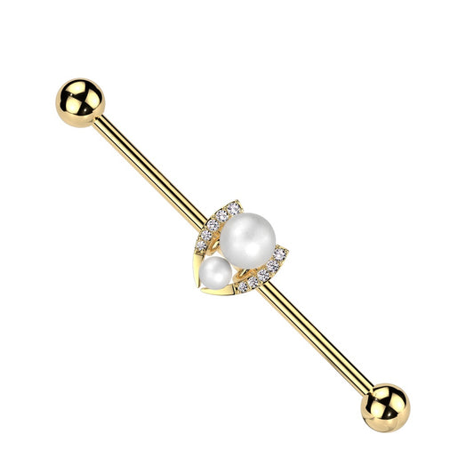 Double Synthetic Pearl with CZ Crystal Horseshoe Industrial Barbell - 316L Stainless Steel