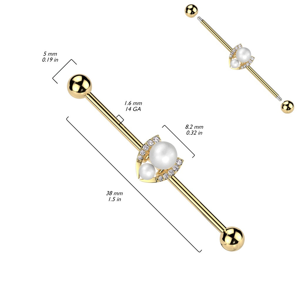 Double Synthetic Pearl with CZ Crystal Horseshoe Industrial Barbell - 316L Stainless Steel