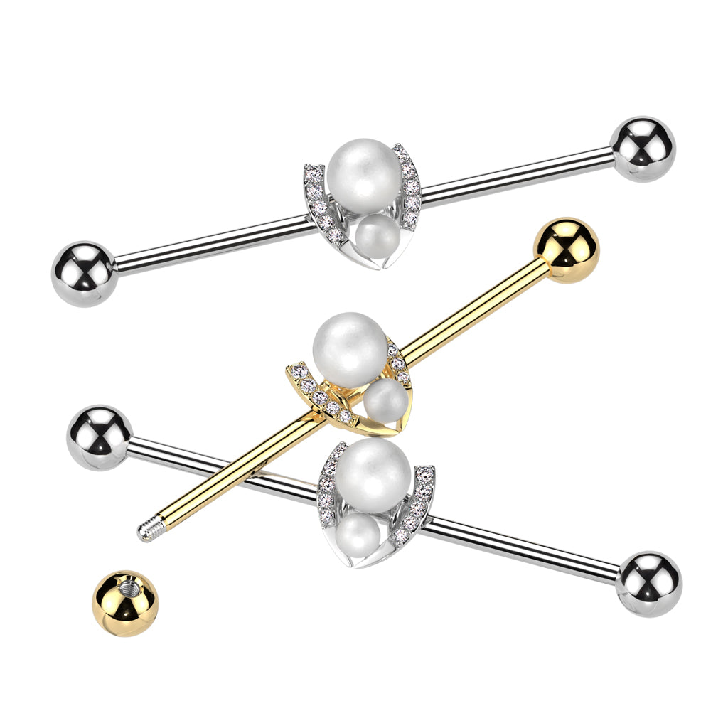 Double Synthetic Pearl with CZ Crystal Horseshoe Industrial Barbell - 316L Stainless Steel