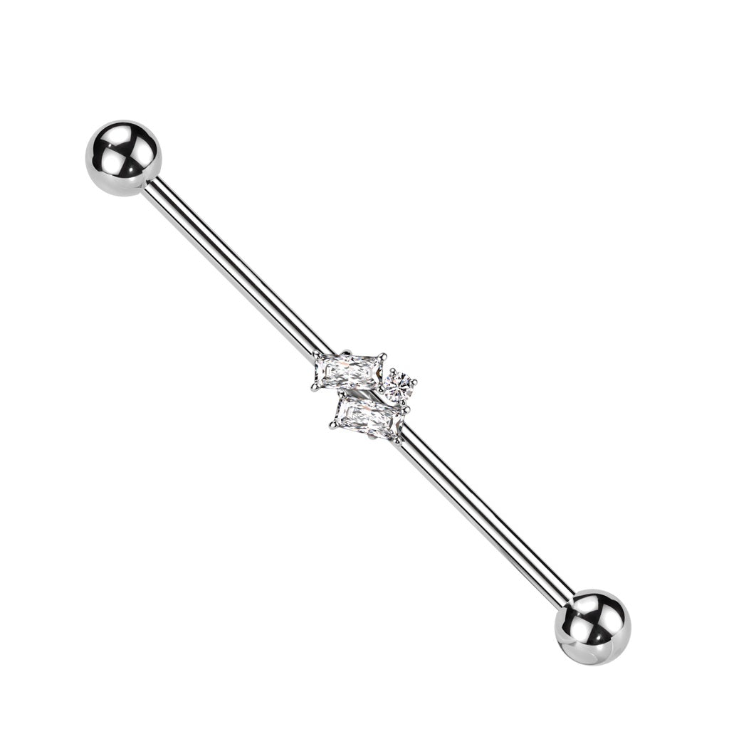Slanted CZ Crystal Baguettes Center Industrial Barbell - 316L Stainless Steel