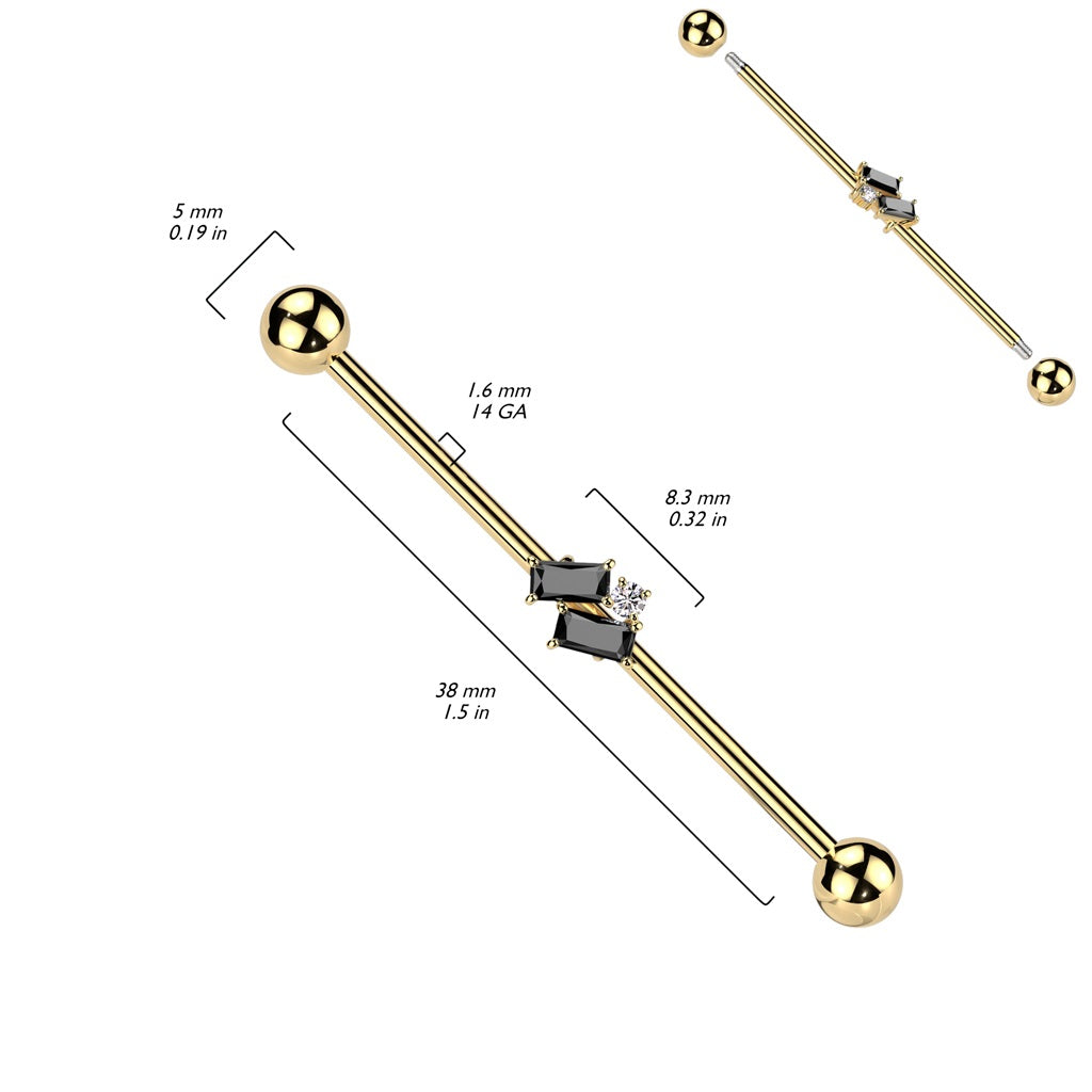 Slanted CZ Crystal Baguettes Center Industrial Barbell - 316L Stainless Steel
