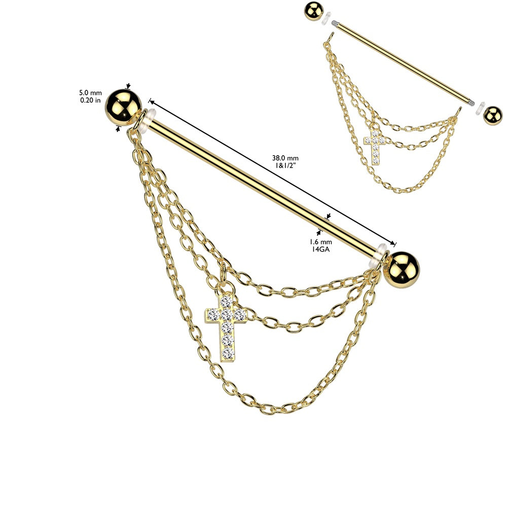 Dangling CZ Crystal Paved Cross and Chains Industrial Barbell - 316L Stainless Steel