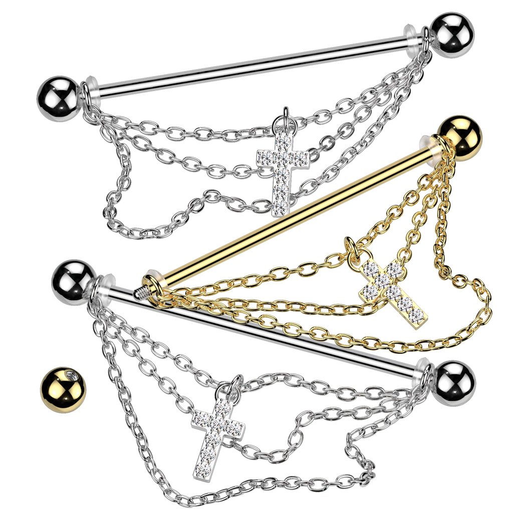 Dangling CZ Crystal Paved Cross and Chains Industrial Barbell - 316L Stainless Steel