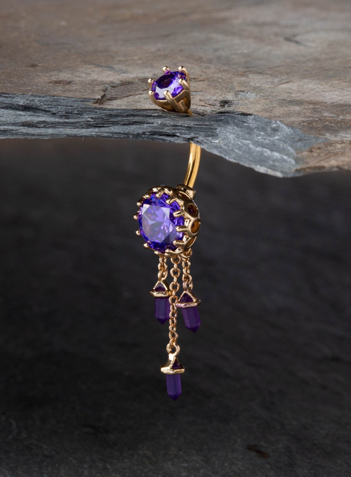 Amethyst Gem with Triple Dangling Charms Belly Button Ring - 316L Stainless Steel