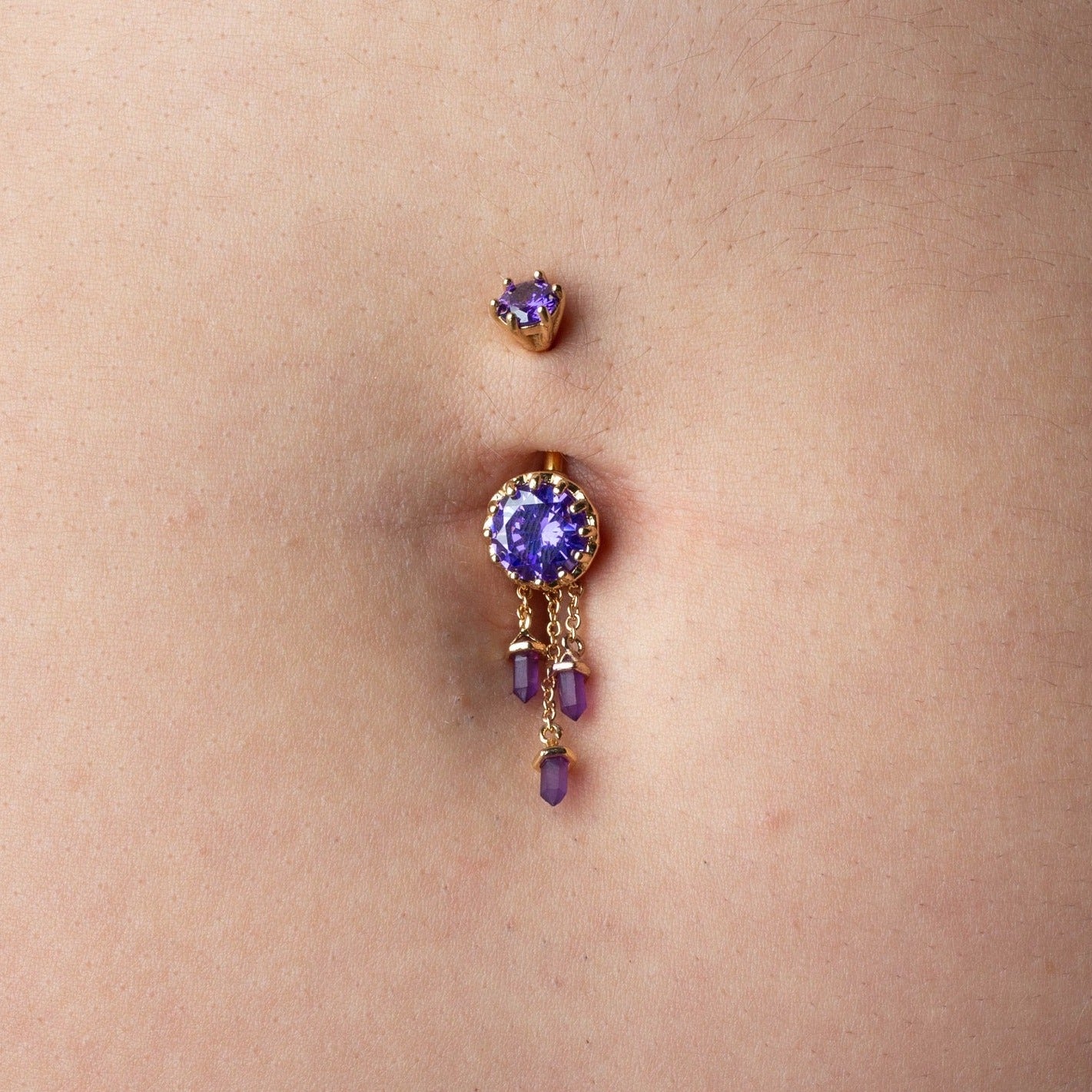 Amethyst Gem with Triple Dangling Charms Belly Button Ring - 316L Stainless Steel