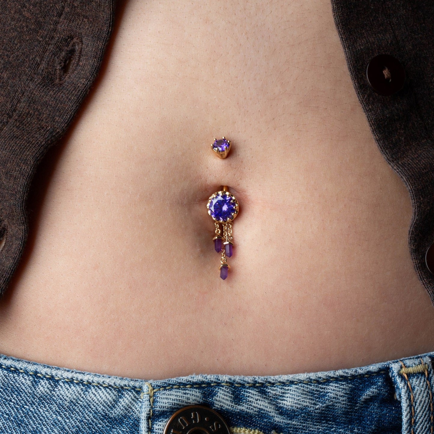 Amethyst Gem with Triple Dangling Charms Belly Button Ring - 316L Stainless Steel