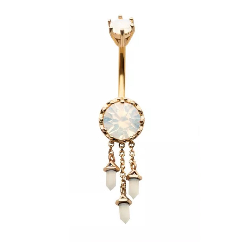 White Opalite with Triple Dangling Charms Belly Button Ring - 316L Stainless Steel