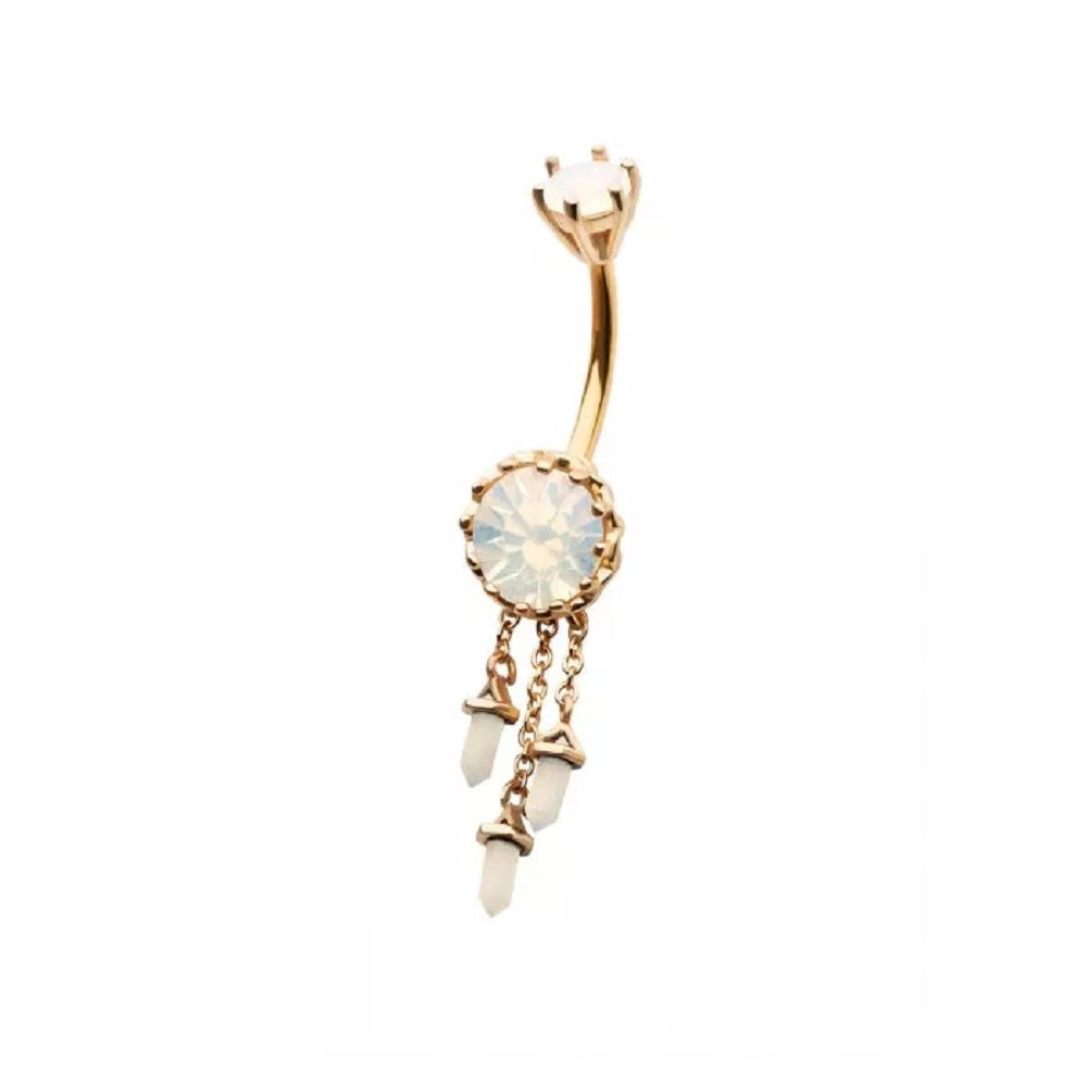 White Opalite with Triple Dangling Charms Belly Button Ring - 316L Stainless Steel