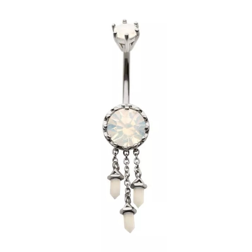 White Opalite with Triple Dangling Charms Belly Button Ring - 316L Stainless Steel