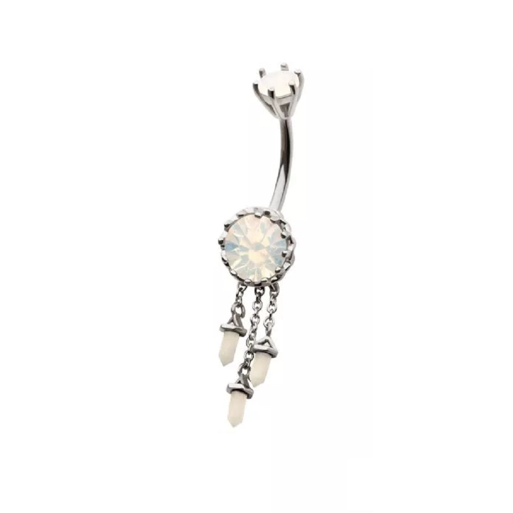 White Opalite with Triple Dangling Charms Belly Button Ring - 316L Stainless Steel